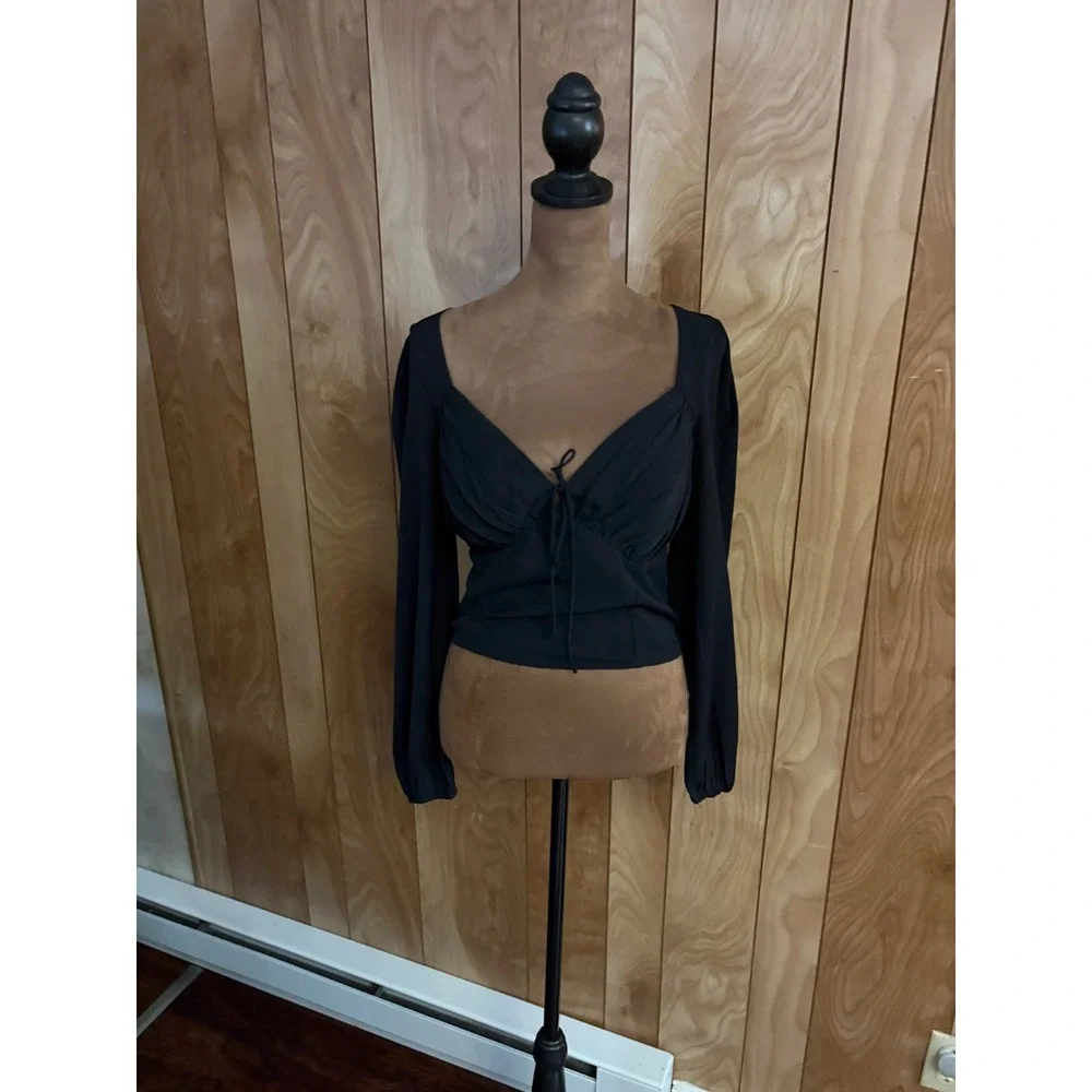 Abercrombie & Fitch Black‎ Tie-Front Ruched Smocked Long Sleeve Blouse Womens M